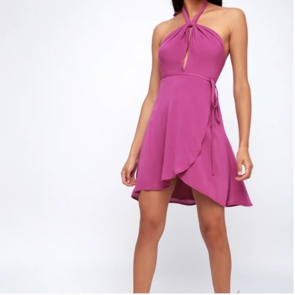 Lulus Matinee Flirty Twisted Halter Keyhole Sleeveless Mini Dress in Magenta XS - Picture 1 of 6